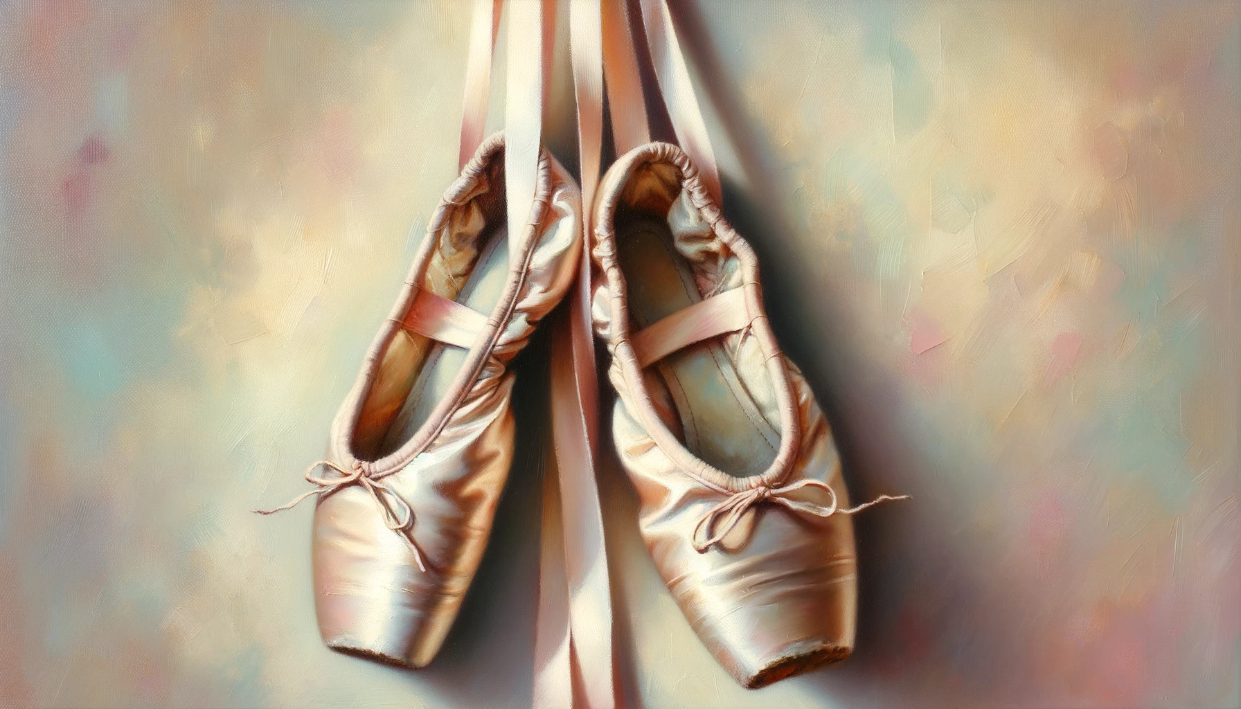 Ölgemälde von abgetragenen Ballettschuhen, die an ihren Bändern vor einem pastellfarbenen Hintergrund hängen, der ein Gefühl von Nostalgie hervorruft.