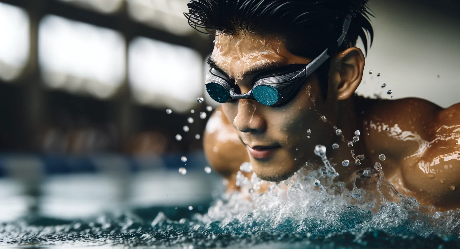 Schwimmer mit Fokus auf seine Schwimmbrille, die ein schlankes Design und getönte Gläser hat.