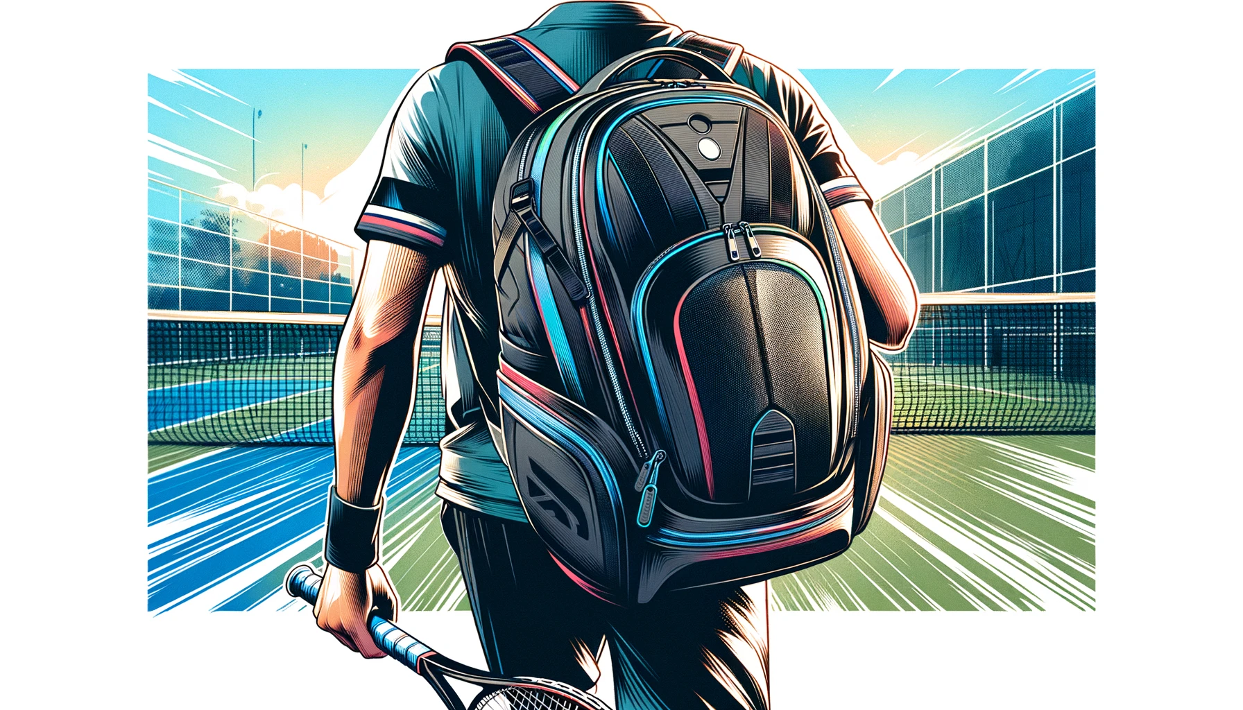 Eine Illustration einer Person, die einen Tennisrucksack über der Schulter trägt und auf einen Tennisplatz zugeht. Der Tennisrucksack ist schlank, schwarz und hat ein Fach speziell für einen Tennisschläger, der von der Seite sichtbar ist.