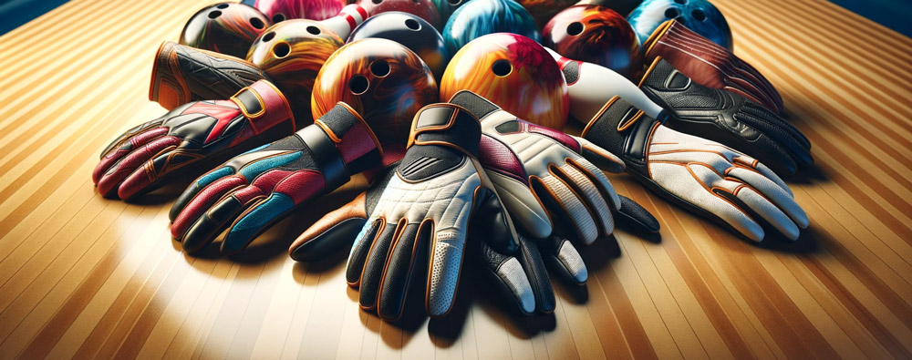 Verschiedene-Bowlinghandschuhe,-die-auf-einer-glänzenden-hölzernen-Bowlingbahnfläche-ausgelegt-sind