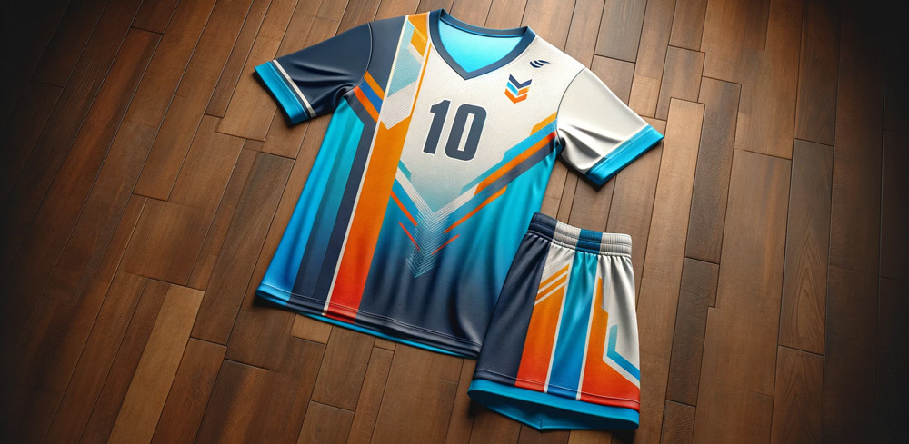 Volleyballtrikot,-das-flach-auf-einem-Holzboden-liegt-und-ein-lebendiges-Design-mit-einer-Kombination-aus-leuchtenden-Farben-wie-Orange,-Blau-und-Weiß-aufweist