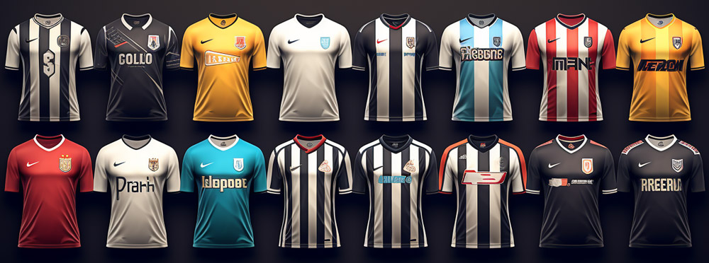 Zwölf-Fußballtrikots-in-verschiedenen-Farben-und-Designs,-die-vor-einem-dunklen-Hintergrund-präsentiert-werden
