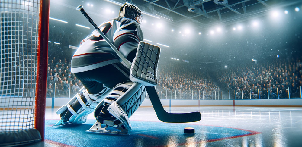 ein-Eishockeytorwart-in-voller-Montur,-einschließlich-eines-gut-sichtbaren-Beckenschutzes,-der-während-eines-Spiels-vor-dem-Tor-steht