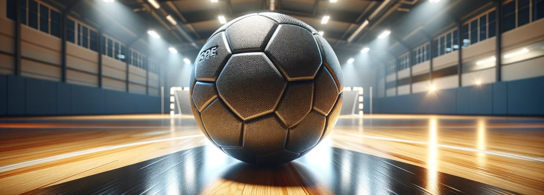 Ein Handball, der auf einem hölzernen Turnhallenboden liegt, dessen glänzende, polierte Oberfläche den Ball reflektiert.