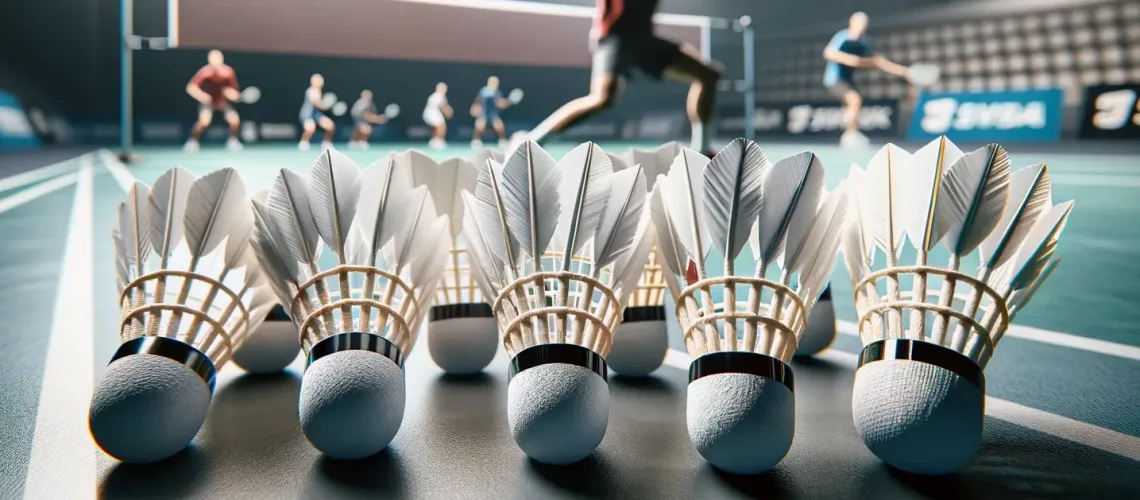 Federball Test - Verschiedene Federbälle aufgereiht auf einem Badmintonspielfeld